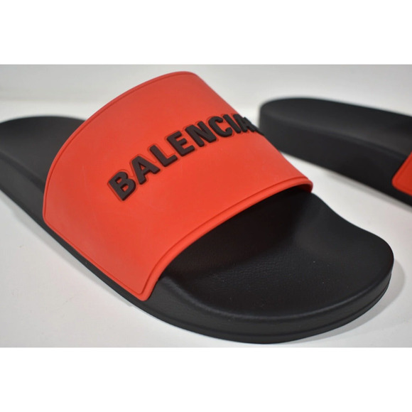 Balenciaga Black Red Bicolor Rubber Logo Slide Pool Sandal Flip Flop Flat 44 11 - Picture 5 of 12